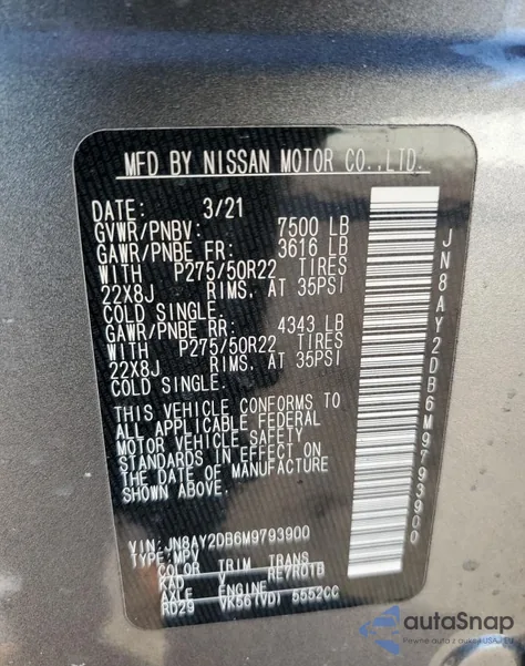 2021 Nissan Armada Platinum из США, поврежденный, VIN JN8AY2DB6M9793900